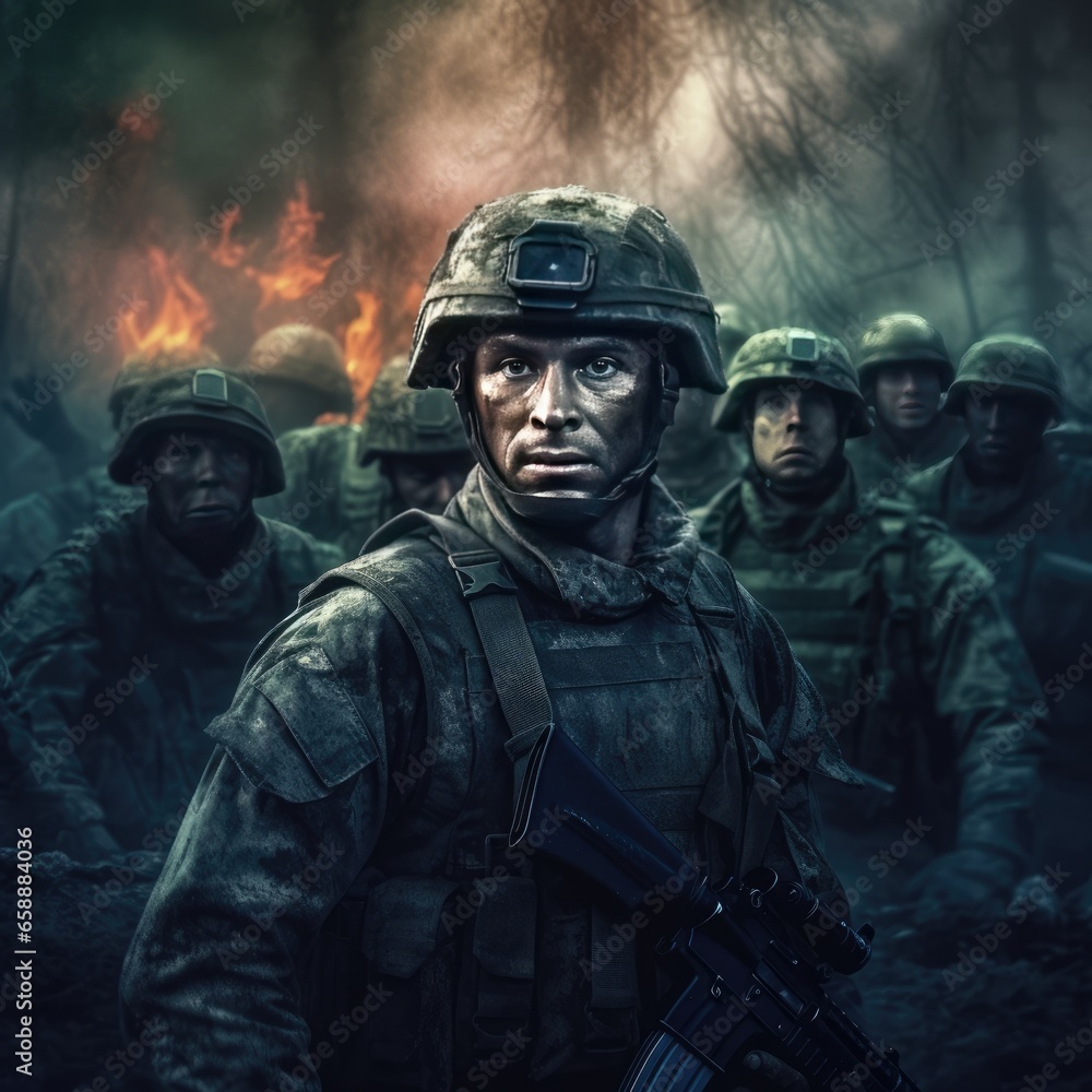 Portrait of military soldiers at war, defense of the country