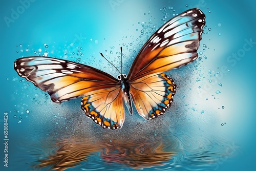 Bright flying butterfly on a blue background. Splashes of water and paint