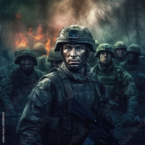 Portrait of military soldiers at war, defense of the country