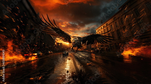 Flight eagle bird over city on background of sunset, fire and sparks on the street