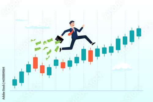 Confidence businessman investor with money briefcase running on candlestick graph, success trader make profit with investment trading, stock market growth, get rich from Crypto trading (Vector)