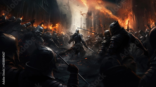 Fierce fighting group of male knights, battle for castle. Storming city, smoke and fire, battlefield. Portrait of knights with swords and spears photo