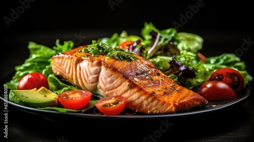 Grilled salmon fish fillet and fresh green lettuce vegetables and tomatoes