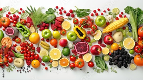 Healthy eating  fresh fruits and vegetables on a white background. Fructorianism  raw food and vegetarianism