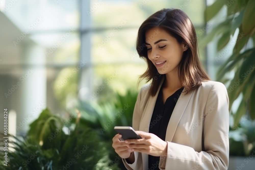 Mixed race young business woman using smartphone on green eco office background. Copy space for text Mixed race young business woman using smartphone on green eco office background. Copy space for text