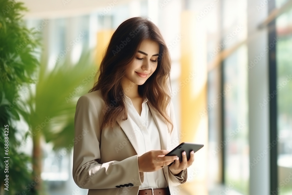Obraz premium Mixed race young business woman using smartphone on green eco office background. Copy space for text