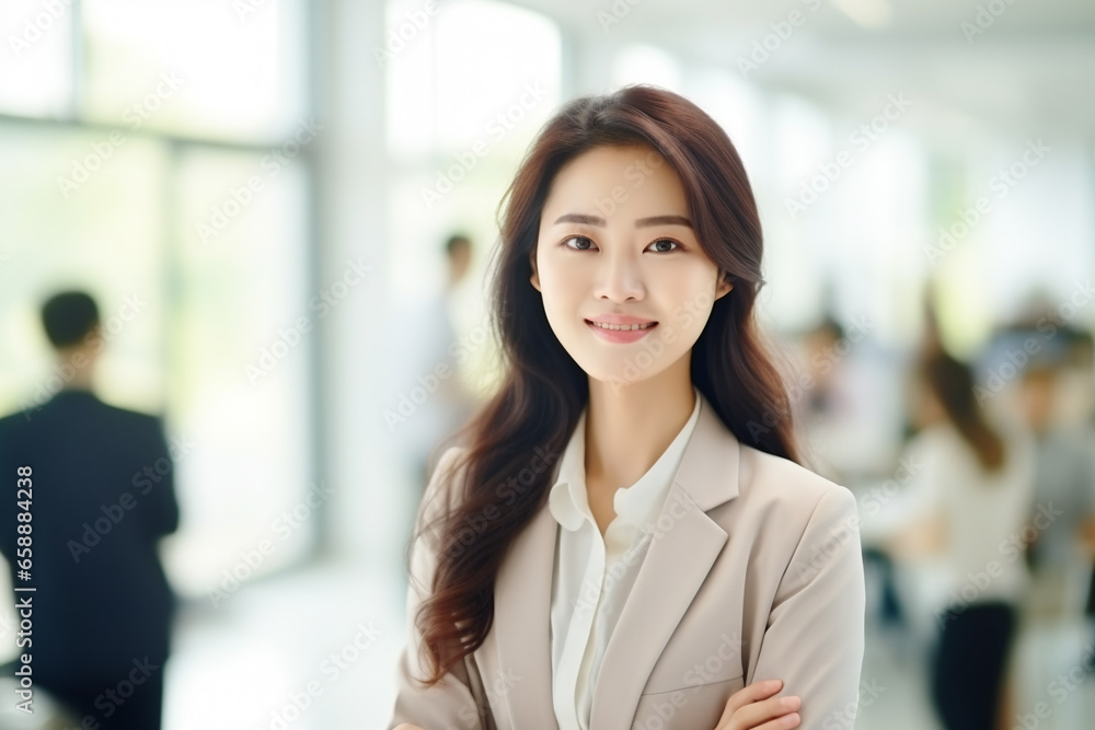 young smiling asian woman looking at camera with crossed arms. Successful businesswoman standing in office with copy space. young smiling asian woman looking at camera with crossed arms. Successful businesswoman standing in office with copy space.