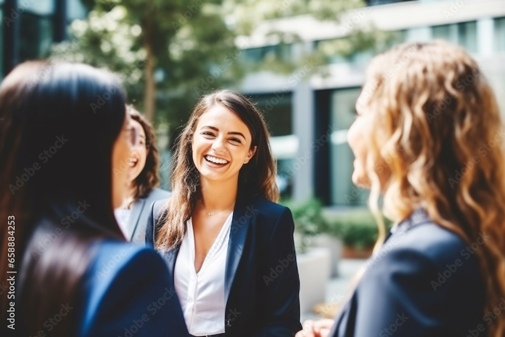 Group of young mixed race happy business women having conversation and presentation in sunny green office. Group of young mixed race happy business women having conversation and presentation in sunny green office.