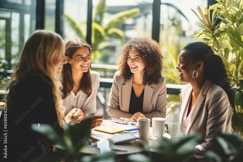 Group of young mixed race happy business women having conversation and presentation in sunny green office. Group of young mixed race happy business women having conversation and presentation in sunny green office.