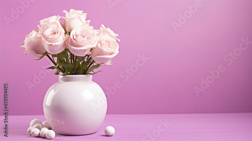 Pink roses in a white ceramic vase and round candies.