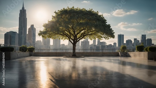  tree with city skyline background. modern urbanization concept 