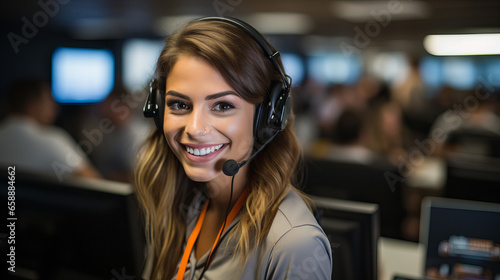 Cheerful young woman working as a call center operator, wearing headphones and holding a microphone, Customer satisfaction is my specialty