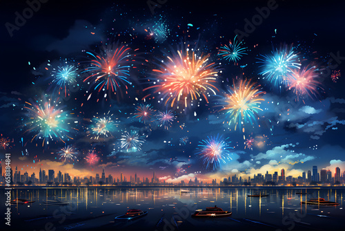 Beautiful fireworks display brightens the city and the dark evening sky. Flat colorful vector illustration.