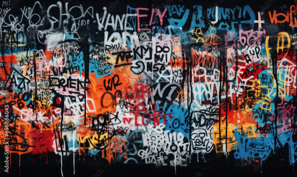 A black wall transformed by colorful graffiti tags, offering a street art-centric background wallpaper - obrazy, fototapety, plakaty 