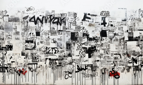 A snapshot of a bustling neighborhood with a wall transformed by graffiti tags, offering a street art-centric background