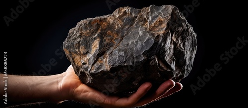 Miner holding a rough nugget of iron ore focusing on hematite stone With copyspace for text photo