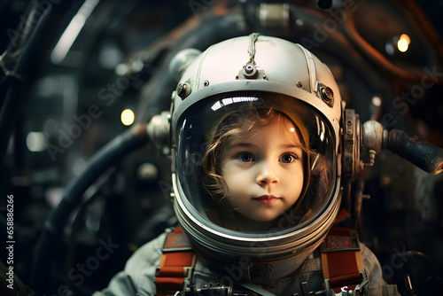 young girl astronaut portrait on space station interior background