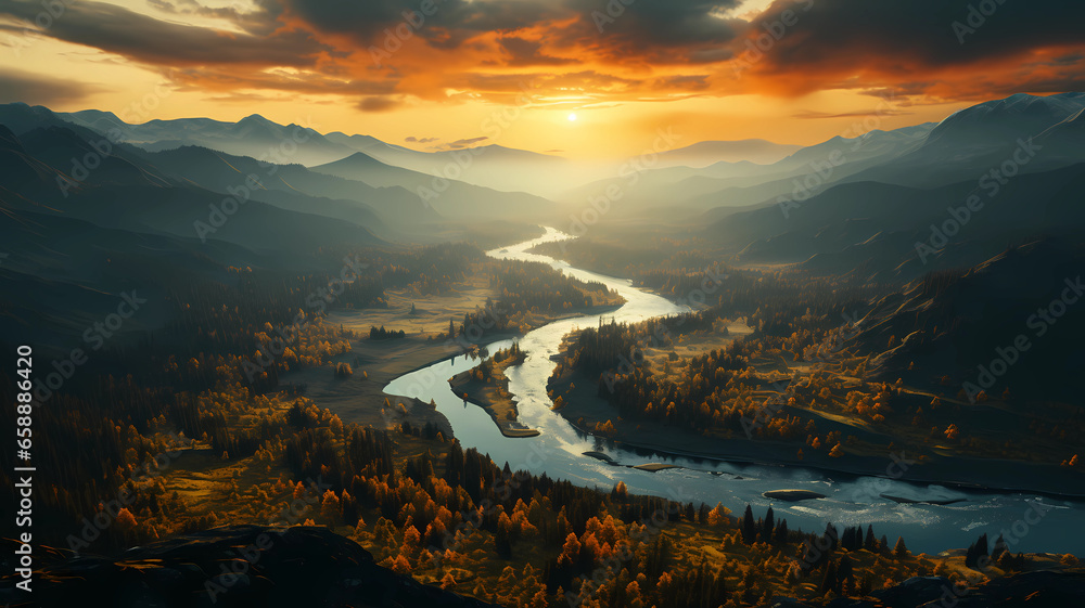 Aerial view of autumn landscape during sunset