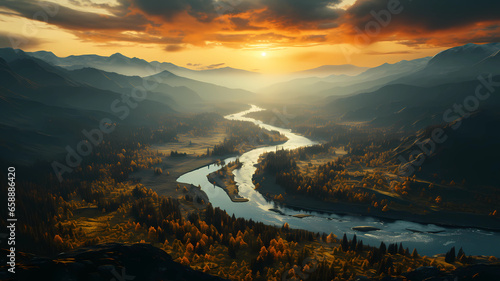 Aerial view of autumn landscape during sunset