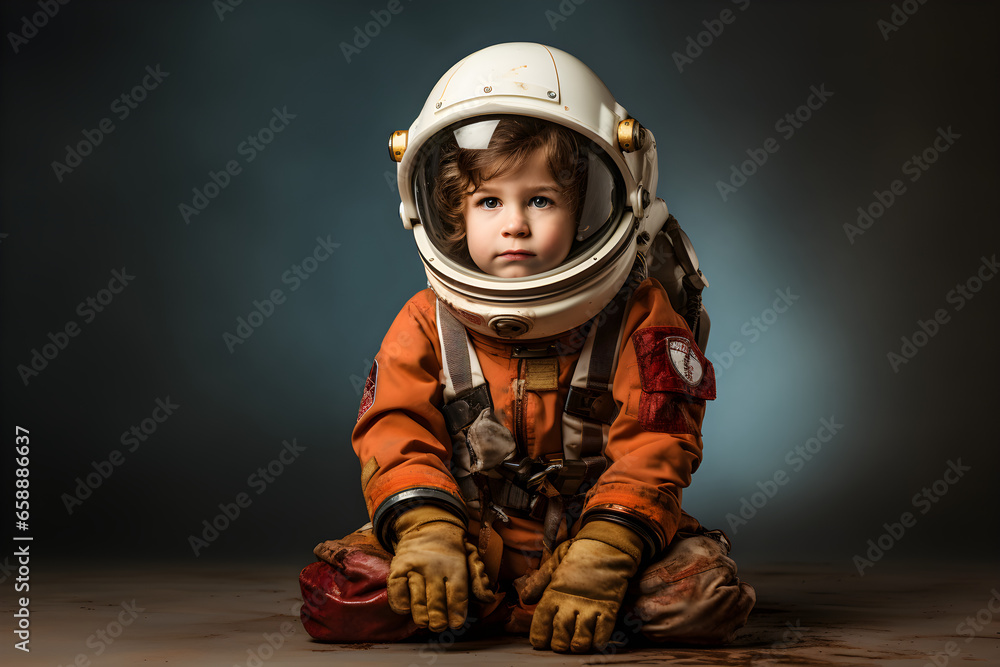 young boy astronaut portrait on blue studio background