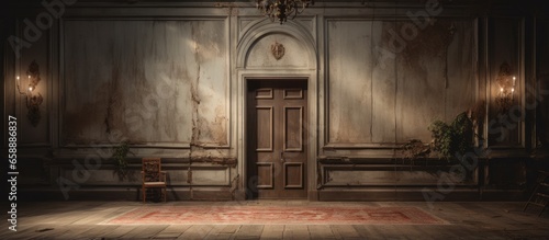 An old abandoned manor with a beautiful doorway and shabby walls filled with light from the windows With copyspace for text