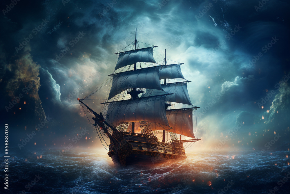 Fototapeta premium Epic Odyssey: Ship Sailing the Ocean of Clouds and Battling Fiery Tempests, Rendered with Realism, Fantasy Elements, and Dramatic Lighting