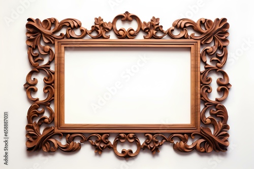 Directly above a classic wooden photo frame, its intricate carvings and rich brown hue contrasting elegantly against the white backdrop. generative AI