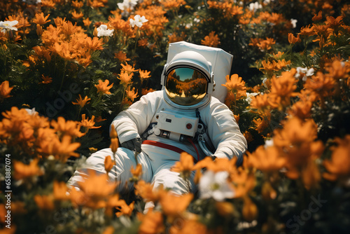 Fototapeta Naklejka Na Ścianę i Meble -  astronaut laying in flower meadow