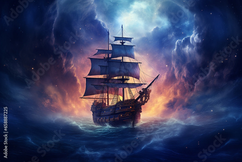 Epic Odyssey: Ship Sailing the Ocean of Clouds and Battling Fiery Tempests, Rendered with Realism, Fantasy Elements, and Dramatic Lighting