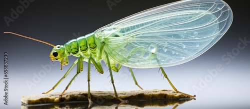 Green Lacewing Chrysoperla carnea naturally preys on a wide range of soft bodied insects such as aphids mealybugs thrips whiteflies scale and more With copyspace for text photo