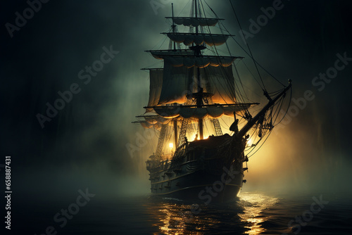 Epic Odyssey: Ship Sailing the Ocean of Clouds and Battling Fiery Tempests, Rendered with Realism, Fantasy Elements, and Dramatic Lighting