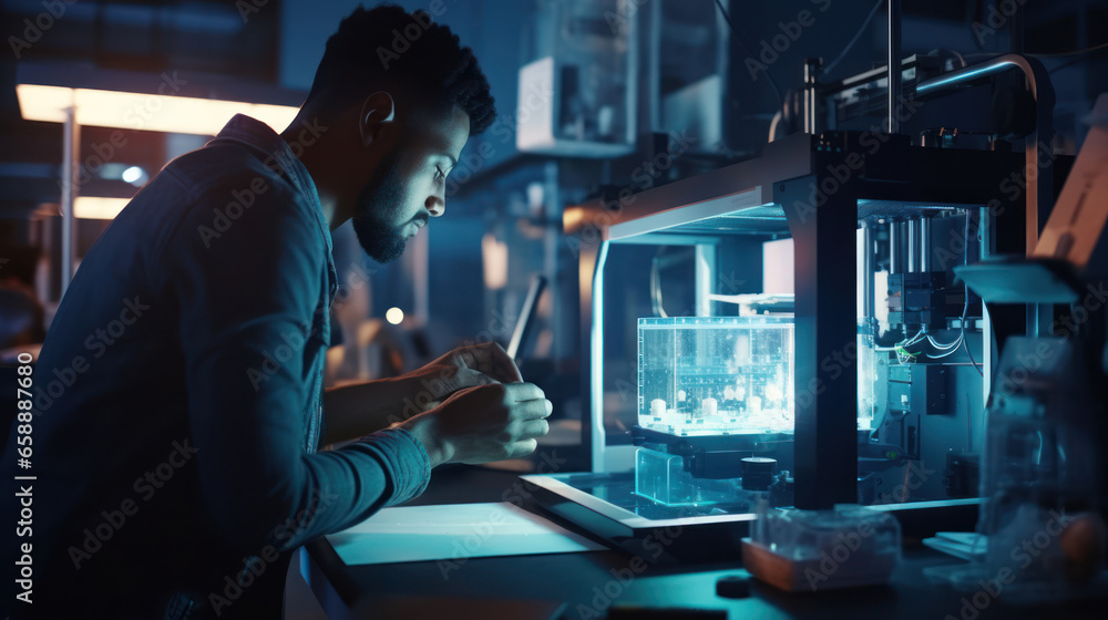 An engineer prints a prototype model on a 3d printer in a laboratory using equipment. Creativity, technology and 3d printing concept.