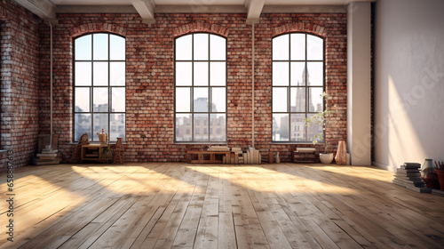 A Blank Canvas of Urbanity Empty Room With Vast Window, Wooden Floor, and Brick Wall in a Modern, Loft-Style Interior Brought to Life with 3D Rendering