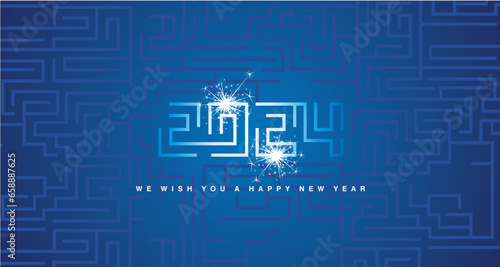 Happy New Year 2024 cyberspace abstract high technology modern and mystic 2024 typography white light sparkle firework blue background