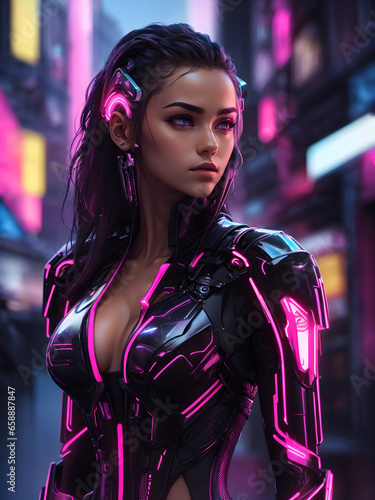 Step into a cyberpunk future with this hyperrealistic artwork. A cyber girl, adorned in black and dark pink, stands amidst neon-lit cityscapes. Her cybernetic enhancements glow, creating a mesmerizing
