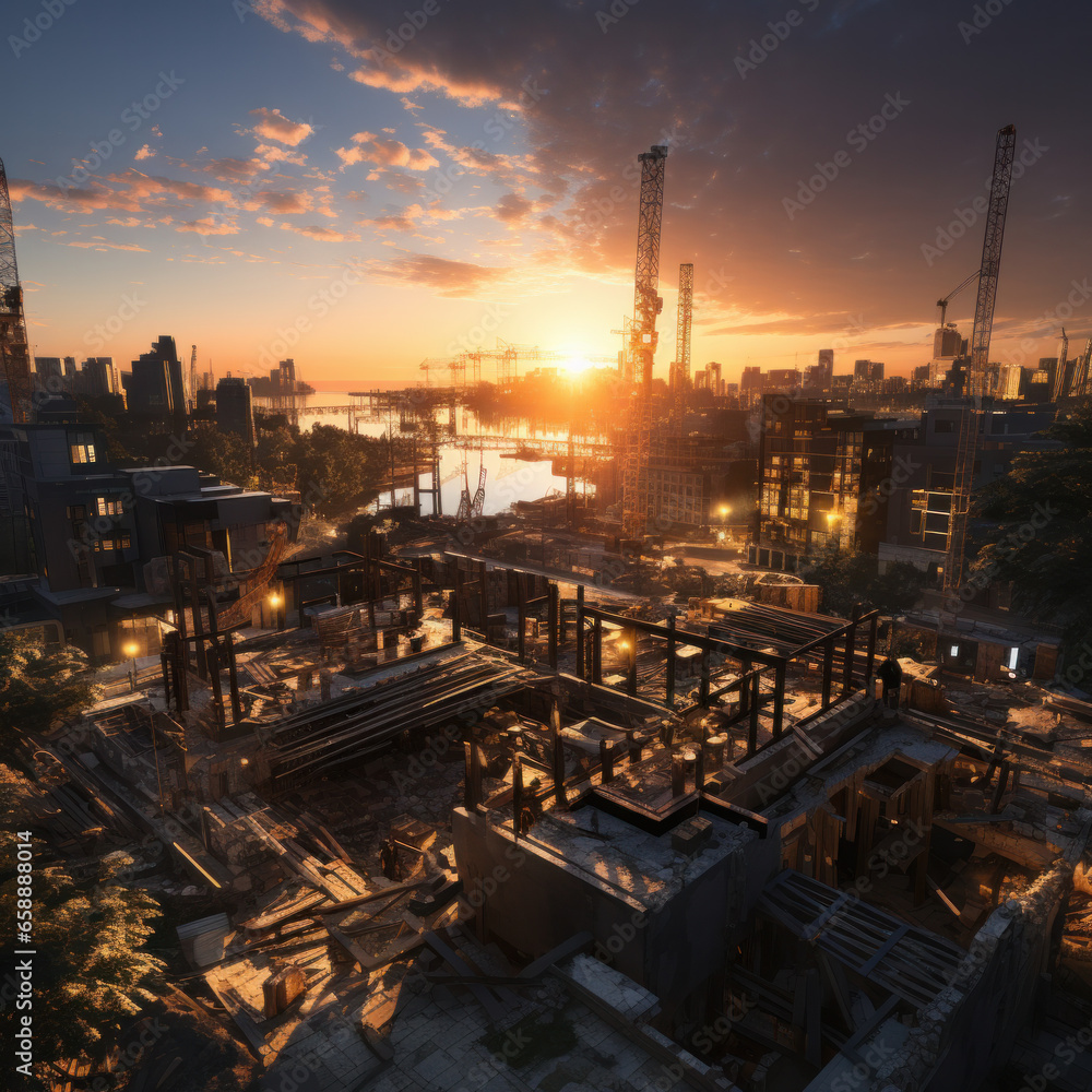  construction site and sunset, structural steel beam build large residential buildings,Ai generative