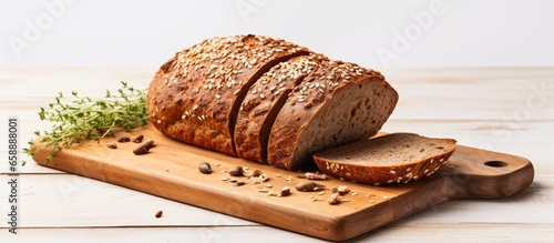 Slice of sprouted grain and seed bread on a chopping board With copyspace for text