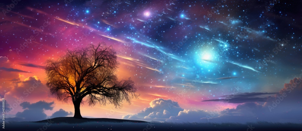 Vivid sky with tree silhouettes stars and the Moon With copyspace for text Vivid sky with tree silhouettes stars and the Moon With copyspace for text