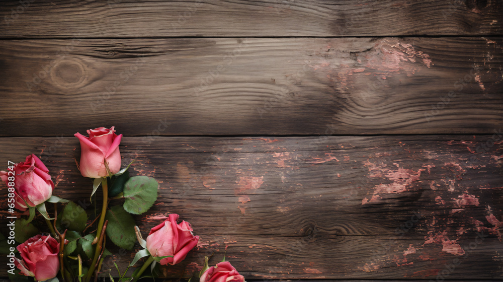 Weathered roses on wooden background.