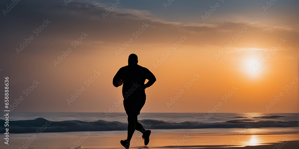 A silhouette fat man running on the beach to lose weight