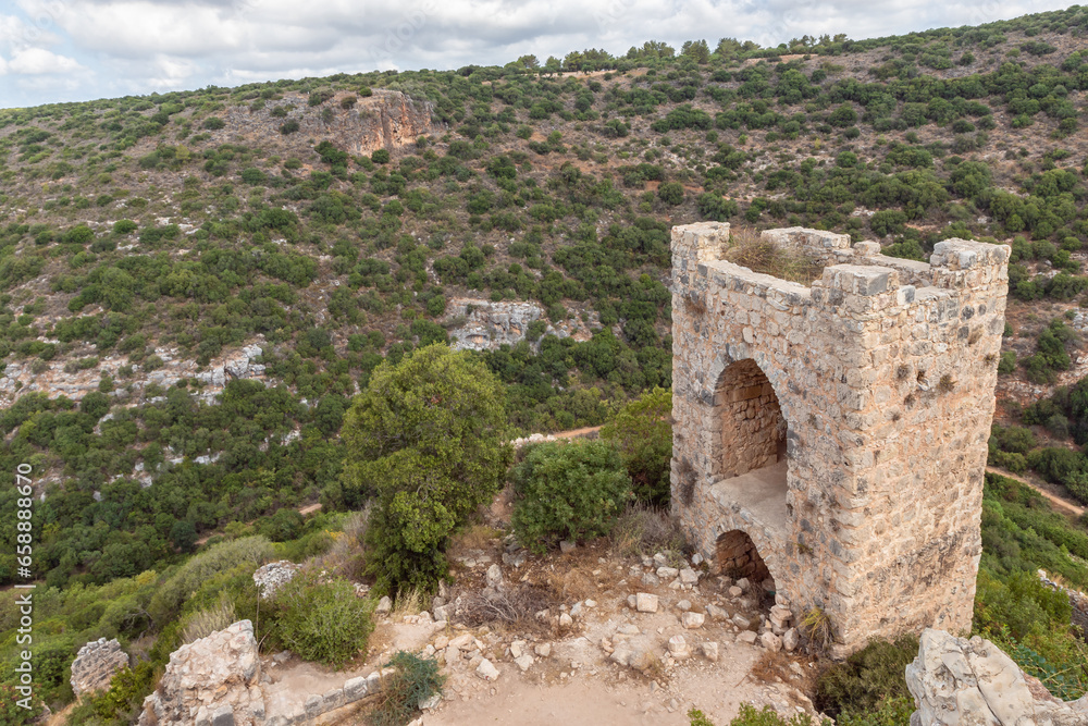 The remains  of lower watchtower in ruins of residence of the Grand Masters of the Teutonic Order in the ruins of the castle of the Crusader fortress located in the Upper Galilee in northern Israel