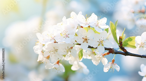 White flowers of cherry blossom on cherry tree close up