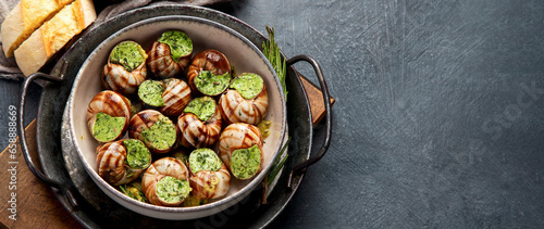 Snails with herbs butter, French traditional food with parsley and bread on grey background.