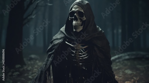 Halloween background. nightmarish silhouette of death in a cloak and a dark hood. Undead in a scary mystical forest. The concept of Halloween, witchcraft and magic.