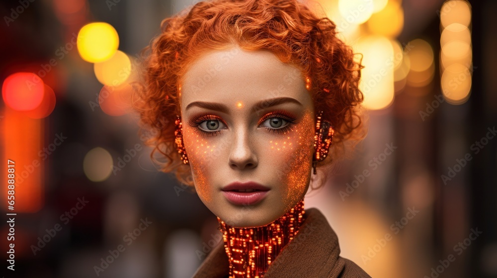 a woman with orange hair and glowing lights on her face a woman with orange hair and glowing lights on her face