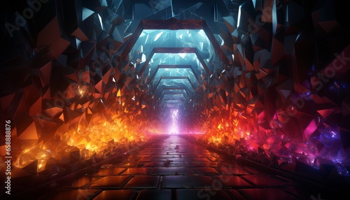 3D render of a hexagonal neon portal in a virtual reality environment with glowing lines in the pink blue yellow spectrum and vibrant colors