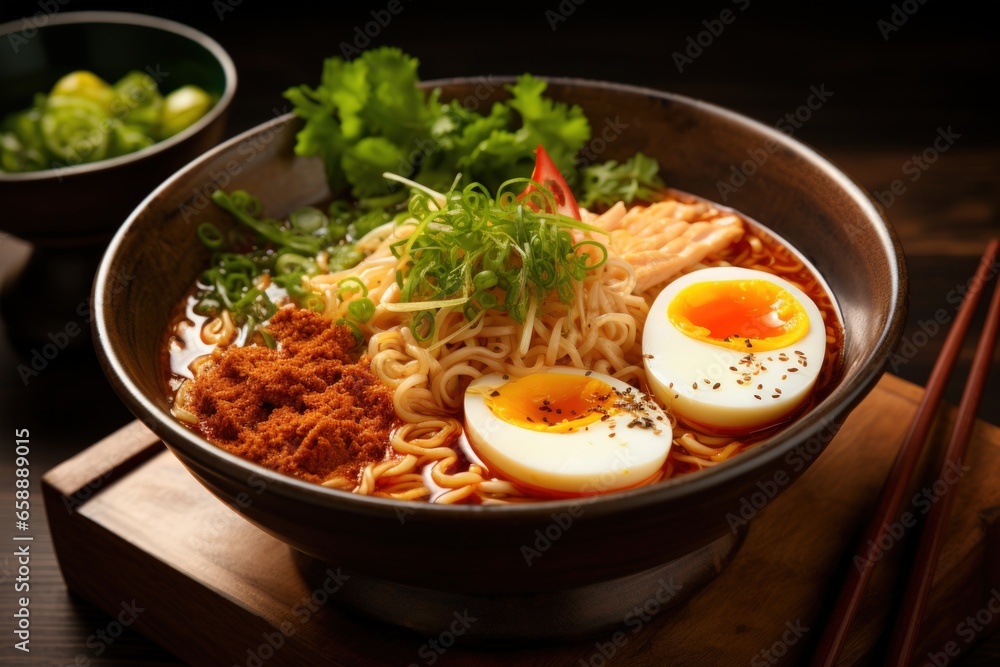 a bowl of ramen with egg and vegetables