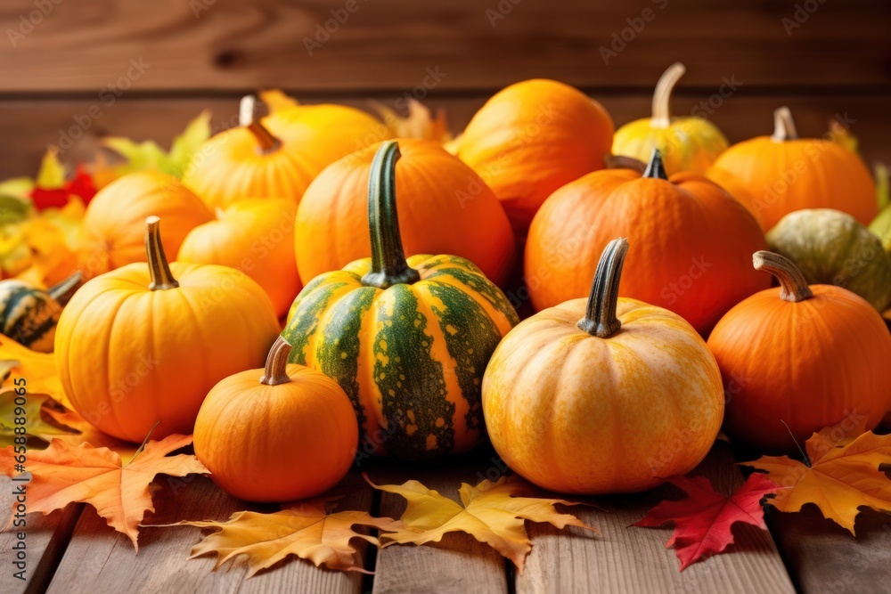 a group of pumpkins and leaves on a wood surface a group of pumpkins and leaves on a wood surface