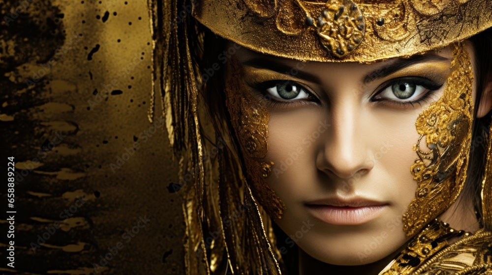 a woman with gold makeup and gold hair a woman with gold makeup and gold hair