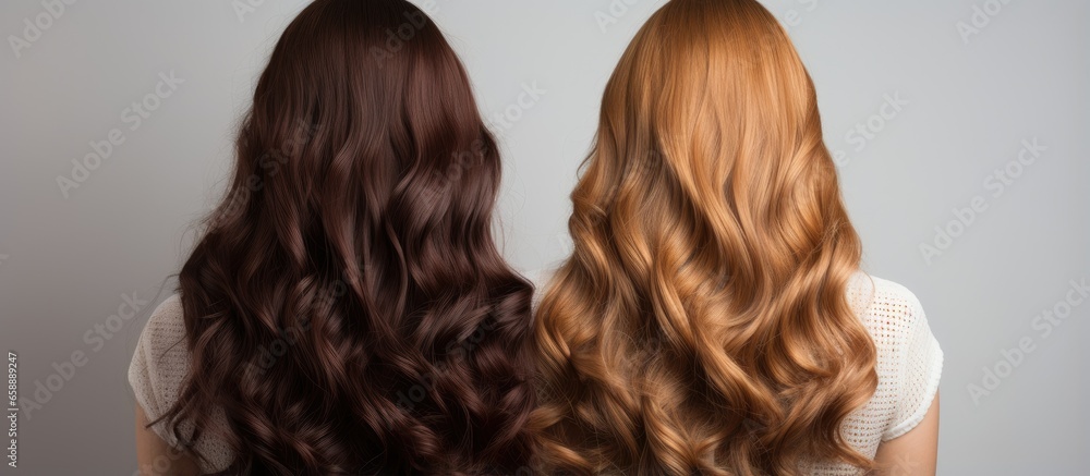 Fototapeta premium Gradually changing hair shades from light gold to brown on a girl s long curly hair in the back With copyspace for text